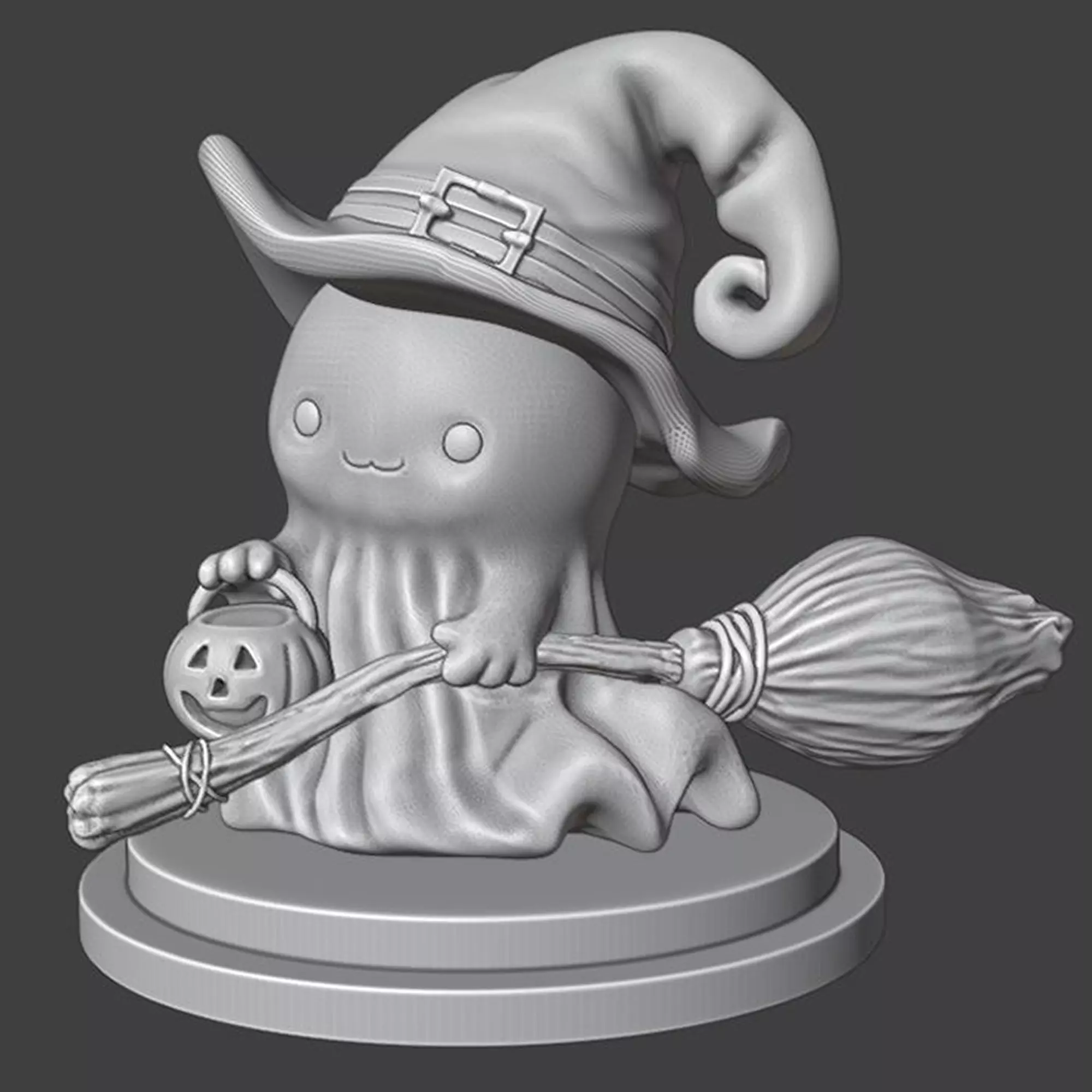 Kawaii Halloween Ghost with Pumpkin and Broom 3D print model_2