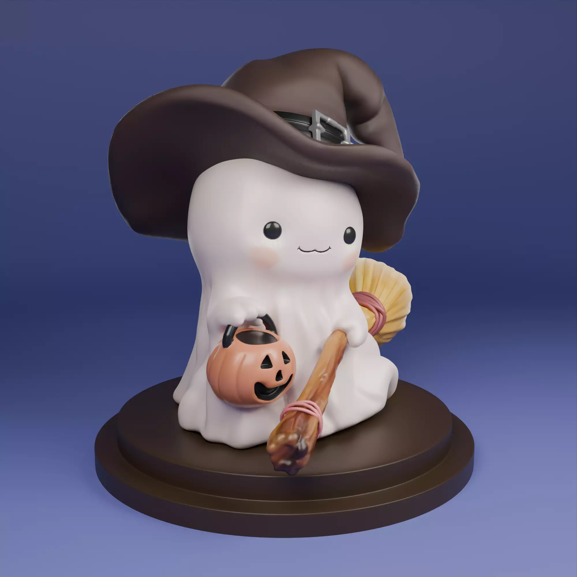 Kawaii Halloween Ghost with Pumpkin and Broom 3D print model_1