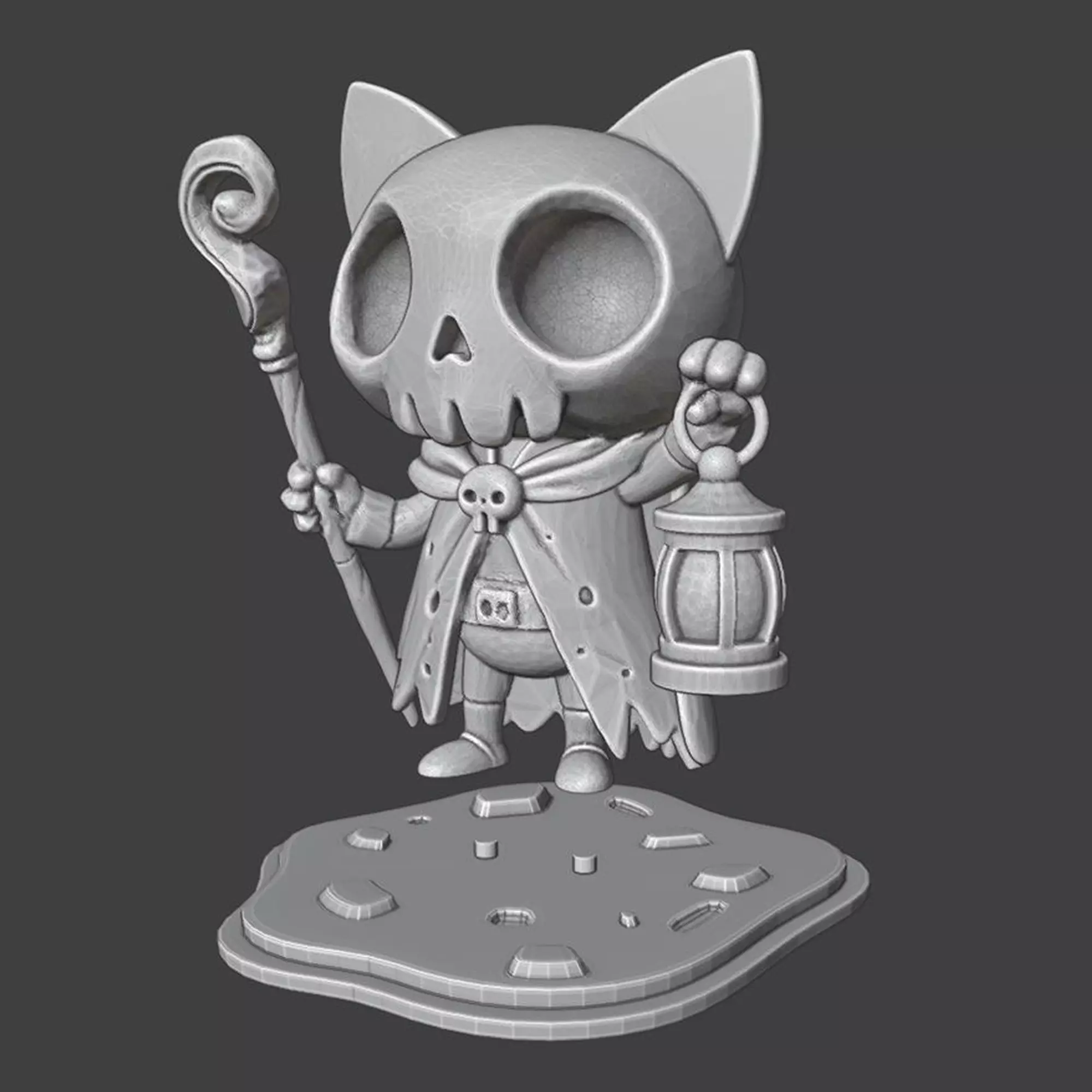 Chibi Skeleton Monk Cat with Lamp 3D print model_3