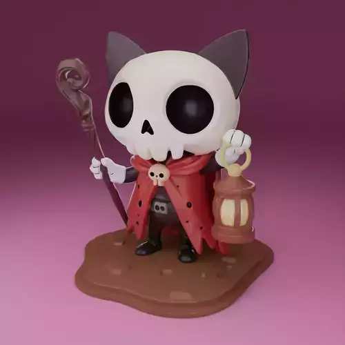 Chibi Skeleton Monk Cat with Lamp