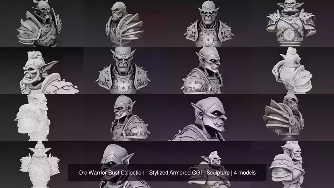 Orc Warrior Bust Collection - Stylized Armored CGI - Sculpture