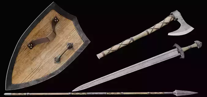 Viking Weapons Sword-Spear-Shield And Axe 3D model