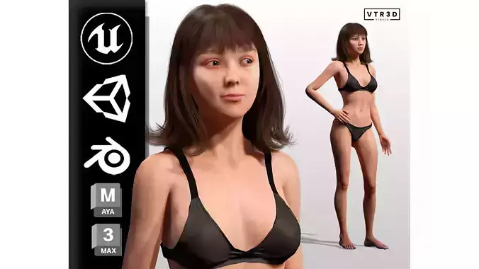 Realistic Asian Female Game Ready PBR Textures Rig Ready Low-poly 3D model