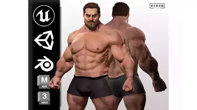 Hyper Realistic Muscular Male Game Ready PBR Textures Rig Ready Low-poly 3D model