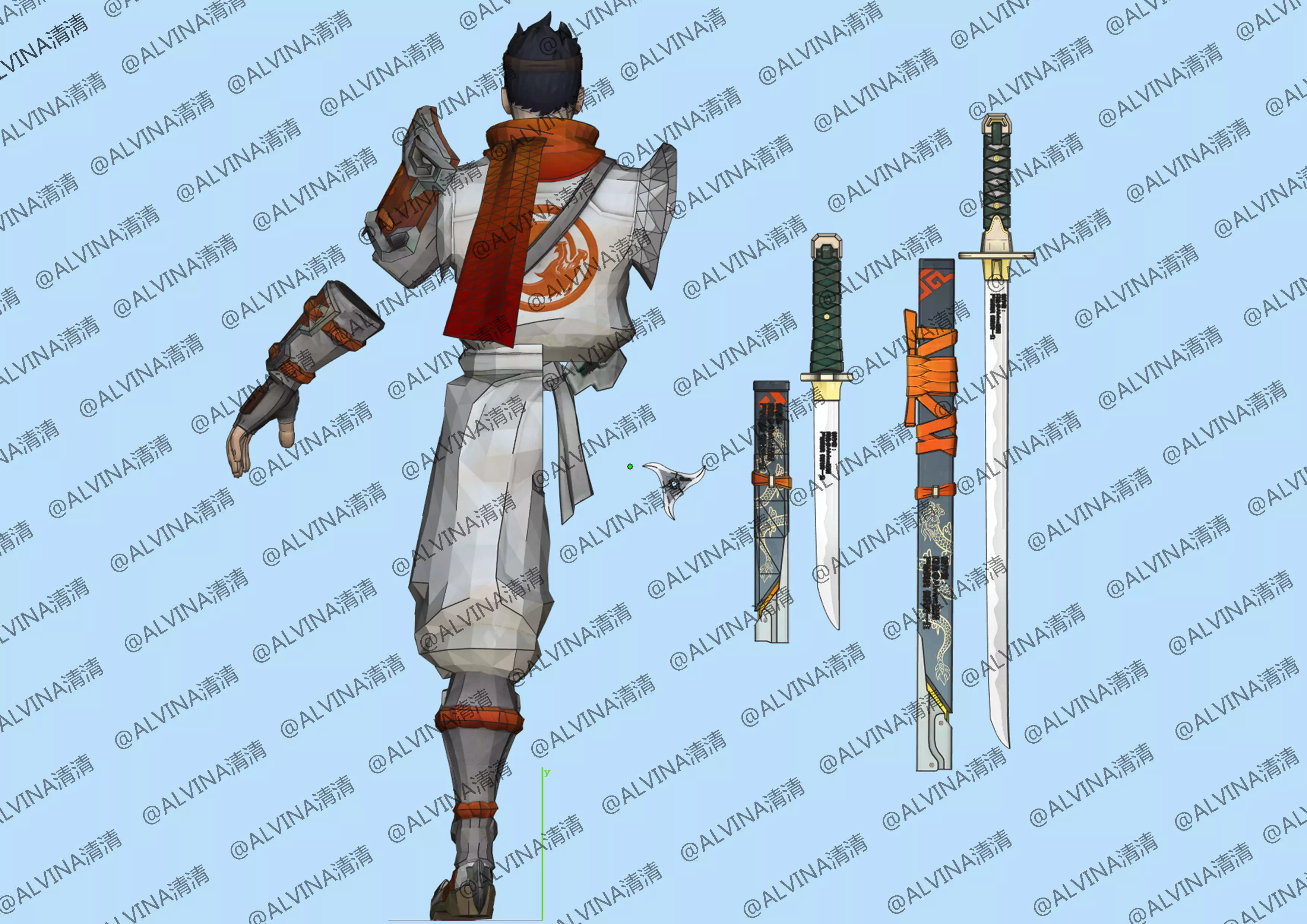 Overwatch Young Genji Armor - DIY Cosplay Pepakura Foam Template Low-poly 3D model_2