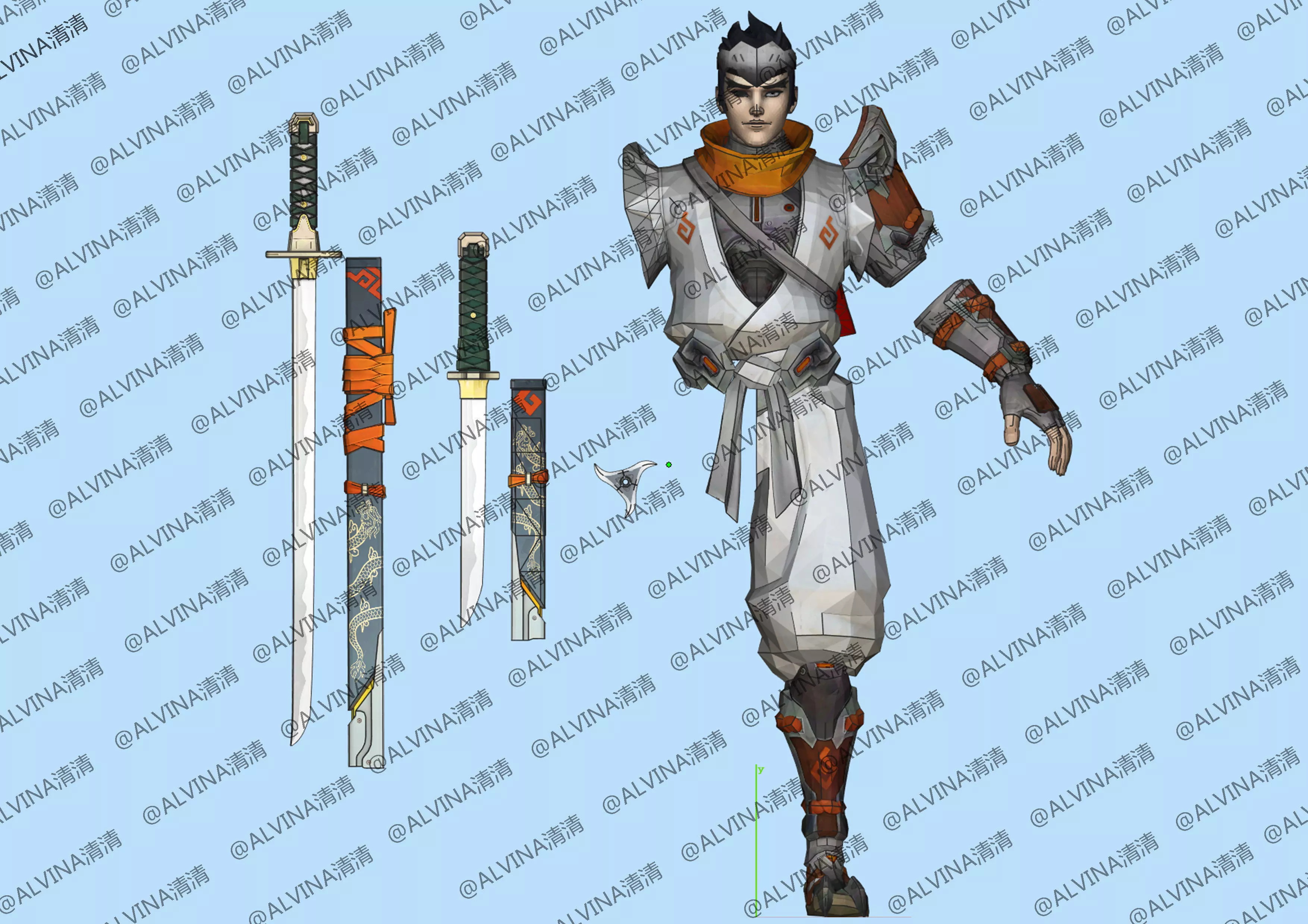 Overwatch Young Genji Armor - DIY Cosplay Pepakura Foam Template Low-poly 3D model_1