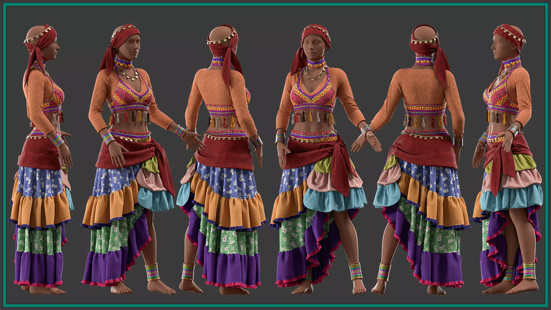 female romani dance outfit with texture and smart material 3D model_2