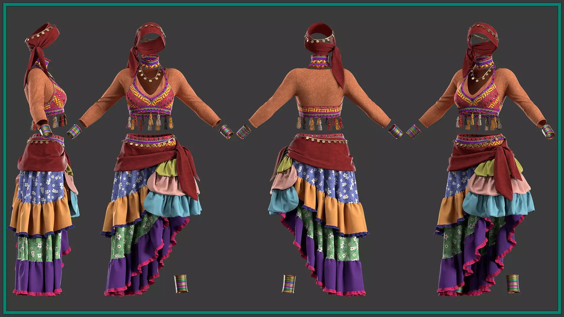 female romani dance outfit with texture and smart material 3D model_1