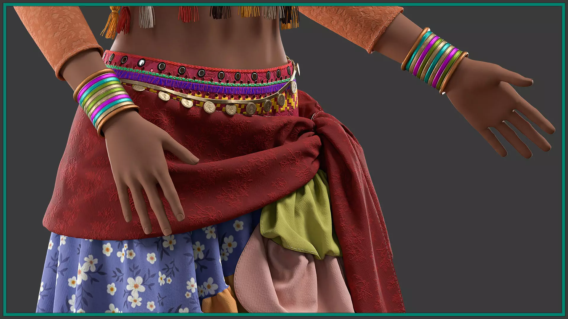 female romani dance outfit with texture and smart material 3D model_4