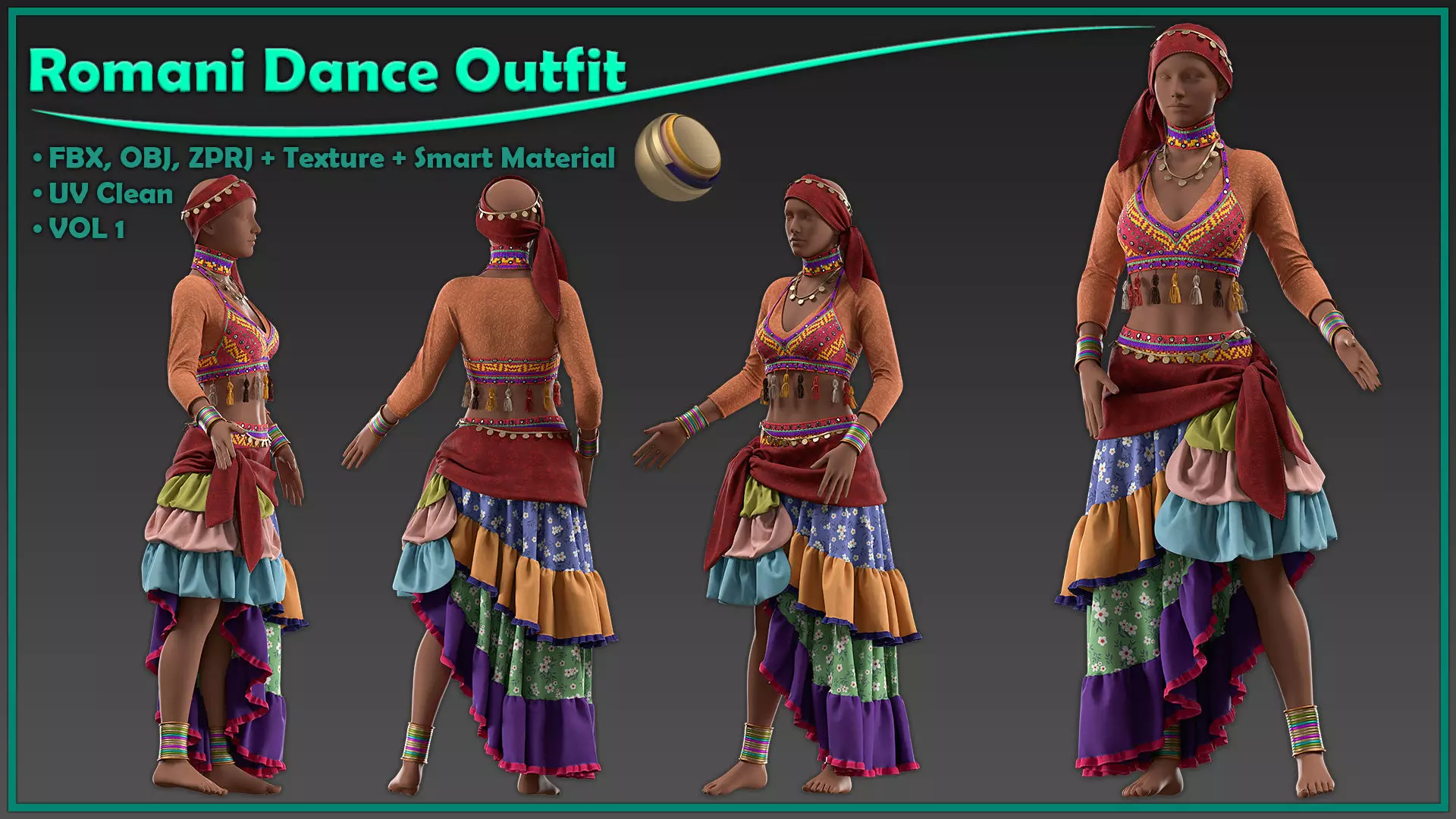 female romani dance outfit with texture and smart material 3D model_0