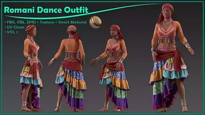 female romani dance outfit with texture and smart material 3D model female romani dance outfit with texture and smart material 3D model