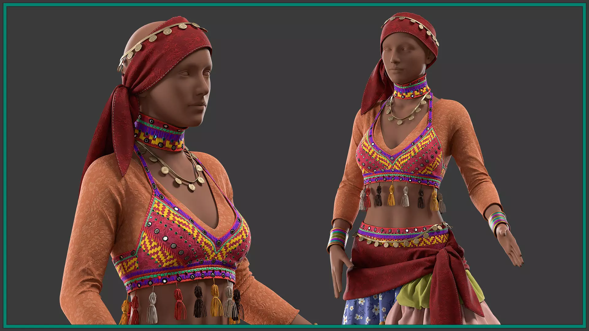 female romani dance outfit with texture and smart material 3D model_3