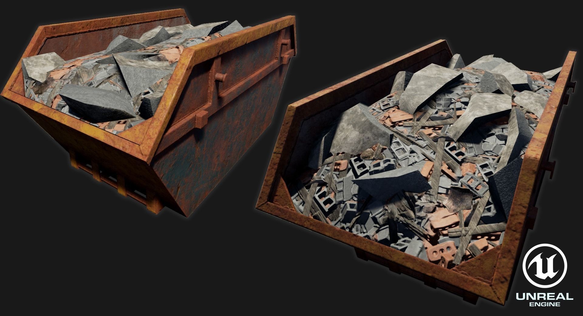 Low-poly PBR Skip pile of rubble in bin Low-poly 3D model_0