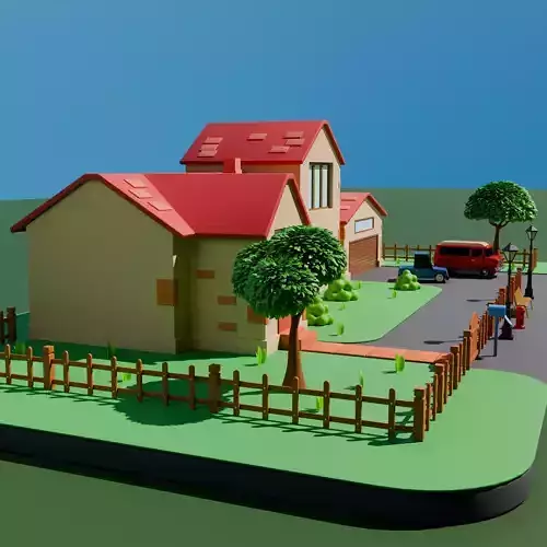 Cozy Suburban Stylized Isometric House Low-poly 3D model 3