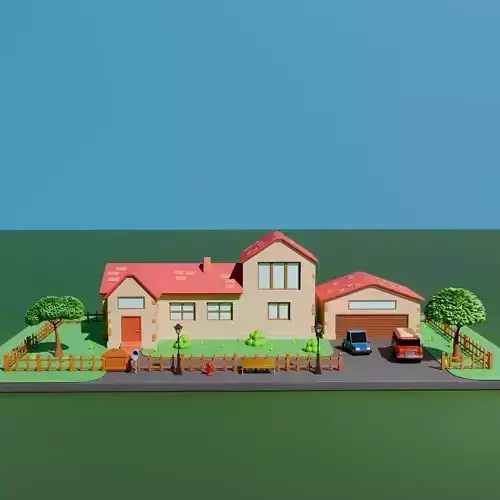 Cozy Suburban Stylized Isometric House Low-poly 3D model 2