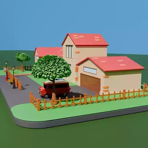 Cozy Suburban Stylized Isometric House Low-poly 3D model 4