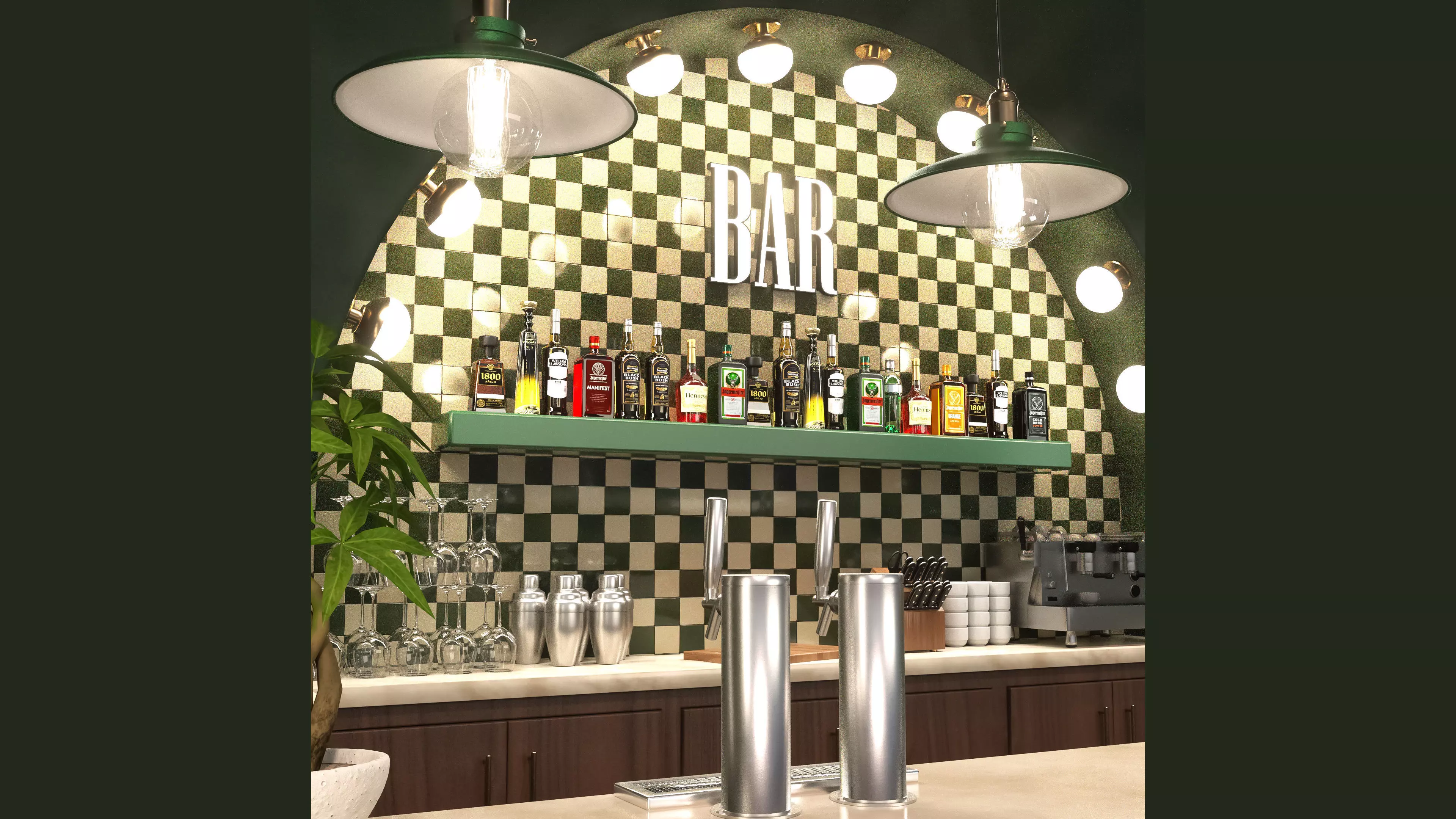 Retro Green Bar Interior 3D model_1