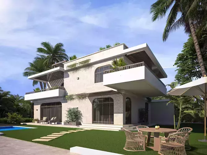 Modern Tropical Luxury Villa Exterior Scene