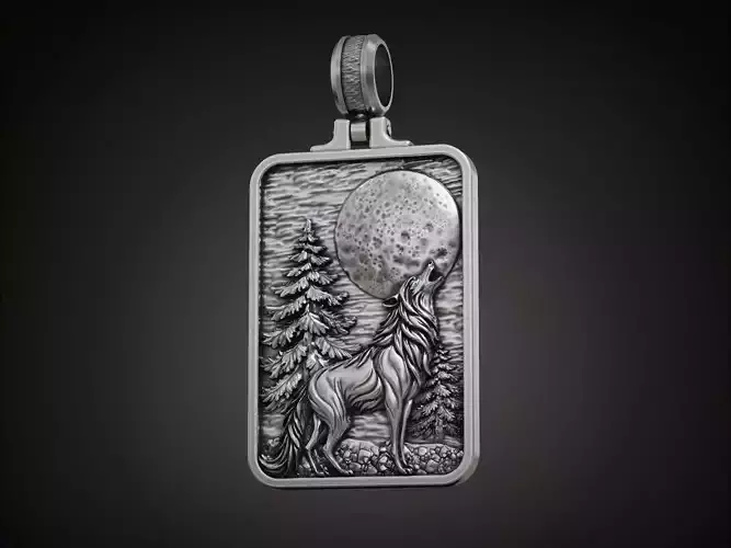 Pendant howling wolf moon scene and engraved forest detail 3D print model