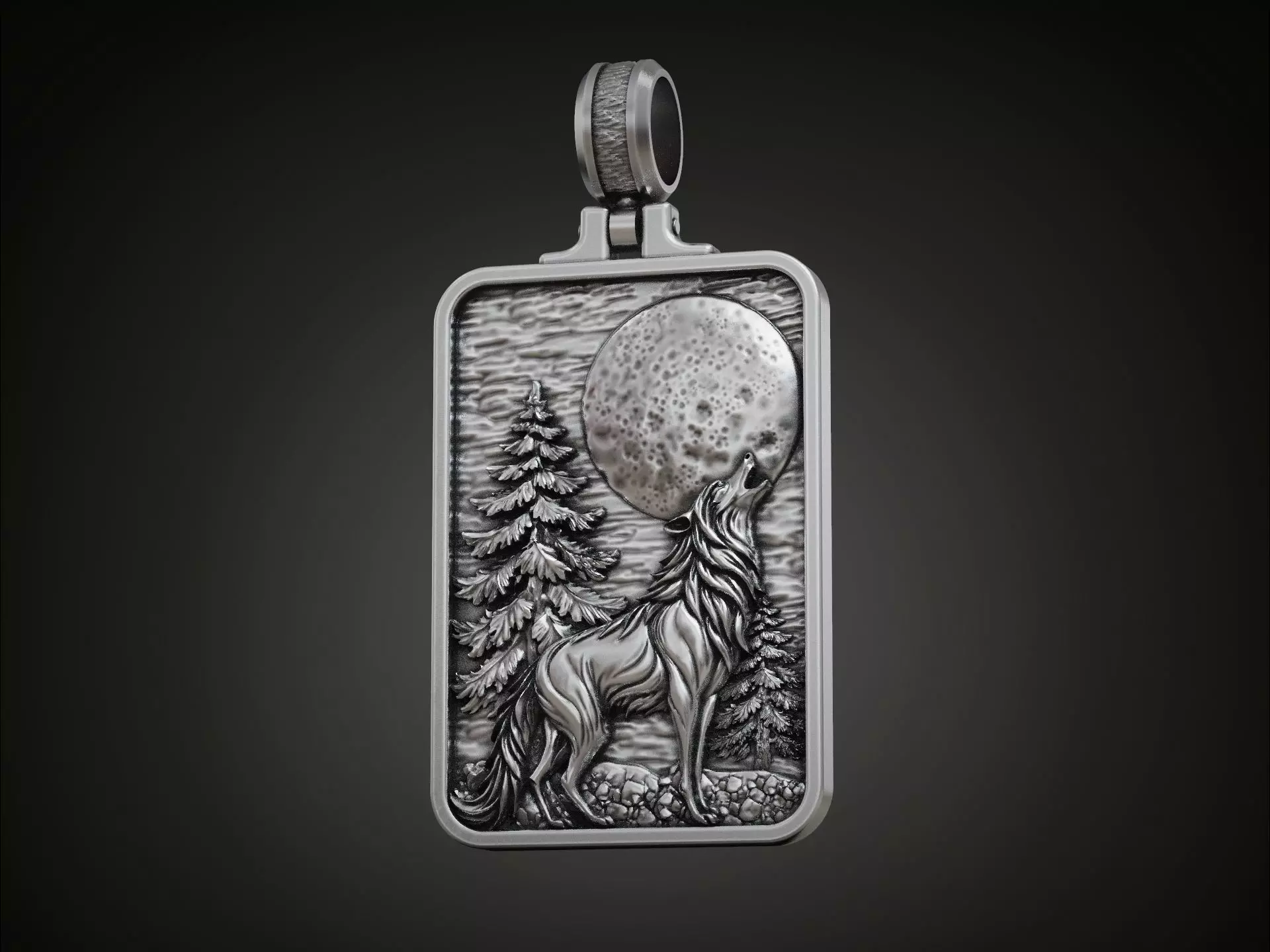 Pendant Howling Wolf Moon Scene and Engraved Forest Detailed 3D print model_0