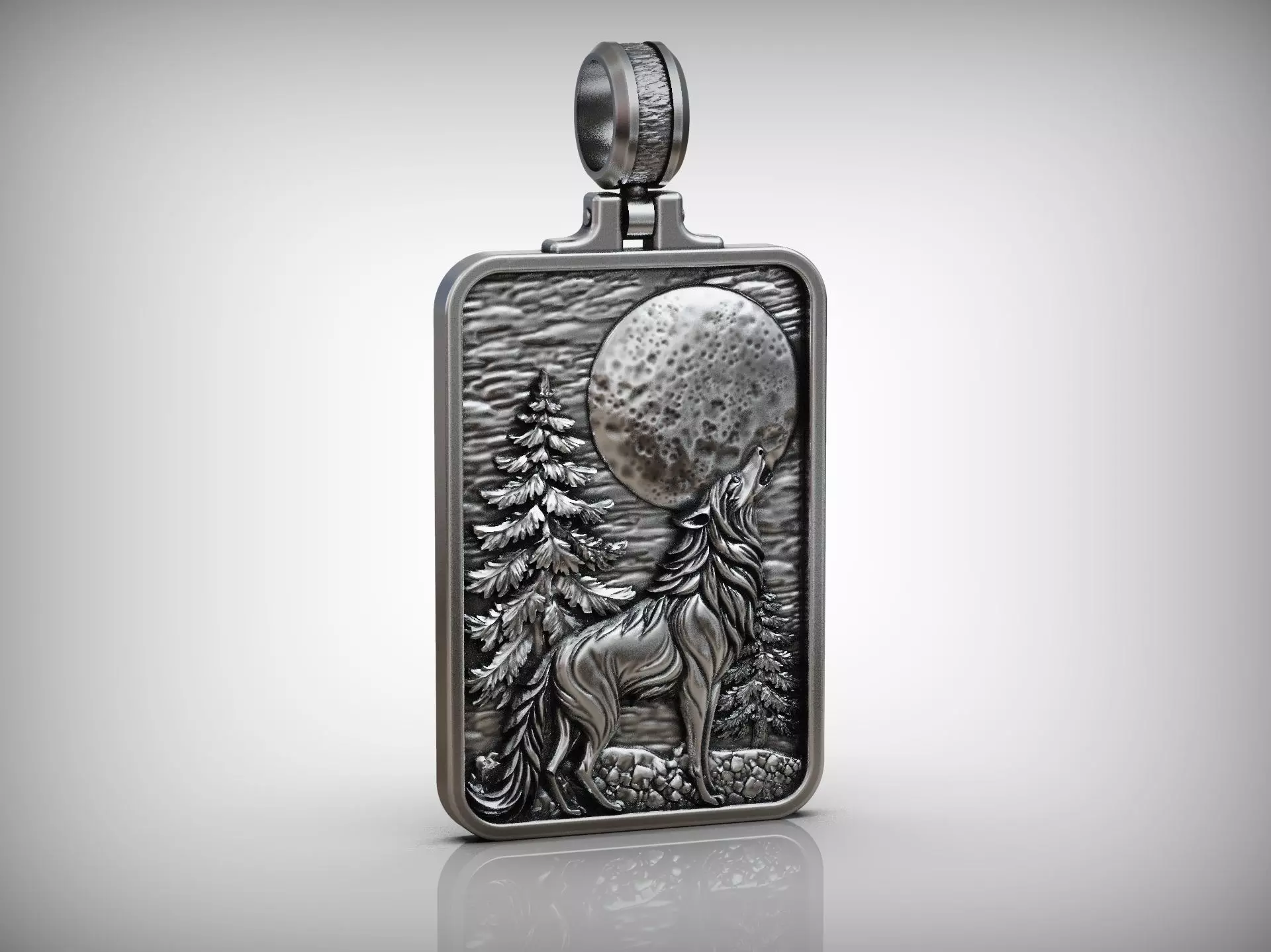 Pendant Howling Wolf Moon Scene and Engraved Forest Detailed 3D print model_5