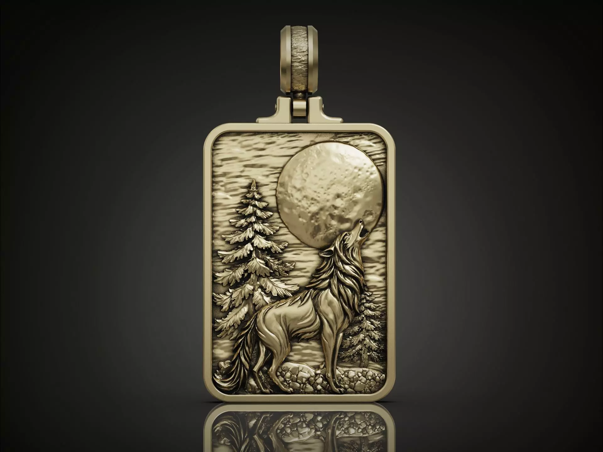 Pendant Howling Wolf Moon Scene and Engraved Forest Detailed 3D print model_1