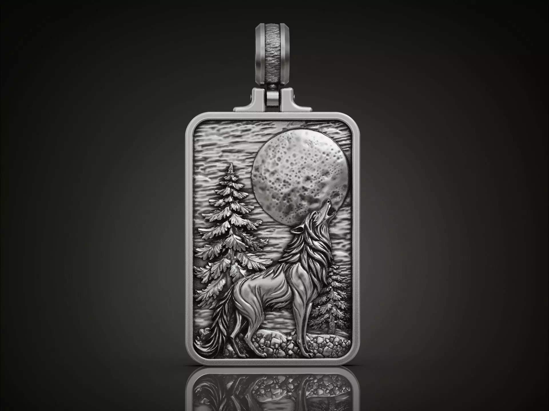 Pendant Howling Wolf Moon Scene and Engraved Forest Detailed 3D print model_2