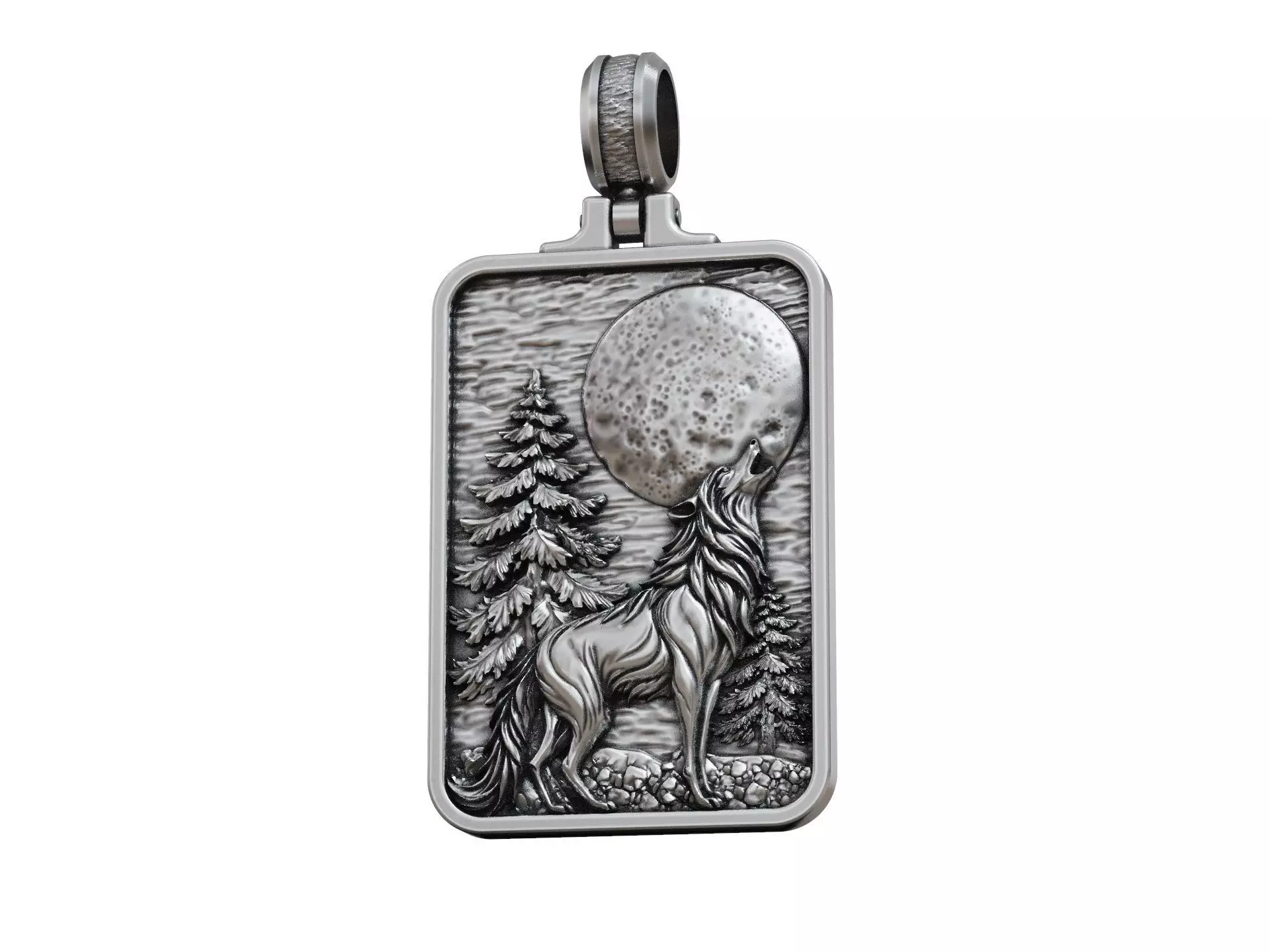 Pendant Howling Wolf Moon Scene and Engraved Forest Detailed 3D print model_3