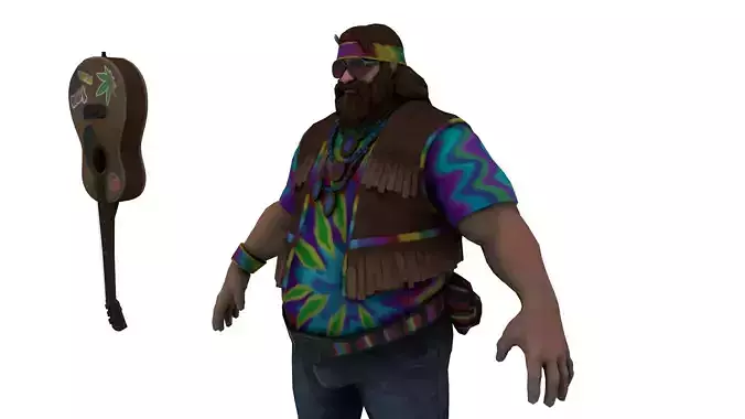 Stylized Hippie Character with Guitar and Jug  Game Ready Low-poly 3D model
