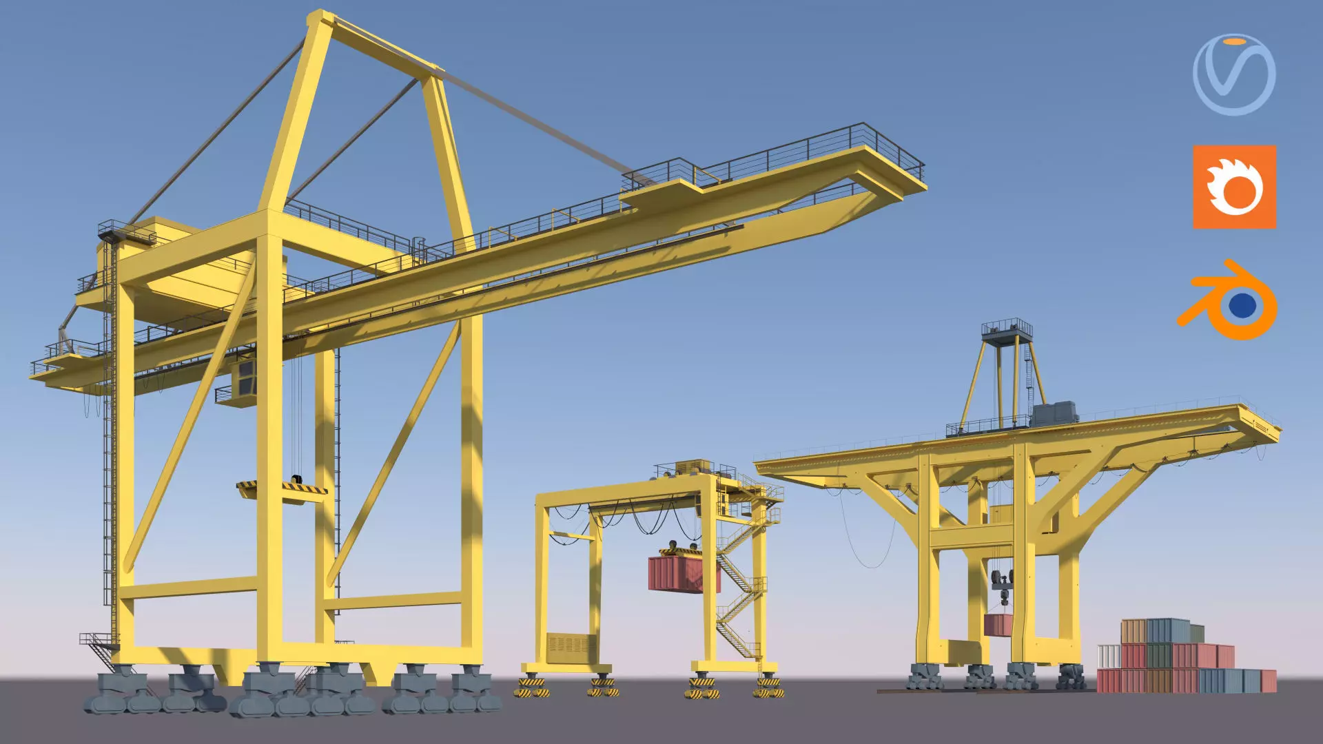 Set of 3 Container RTG Gantry seaport cranes 3D model_1