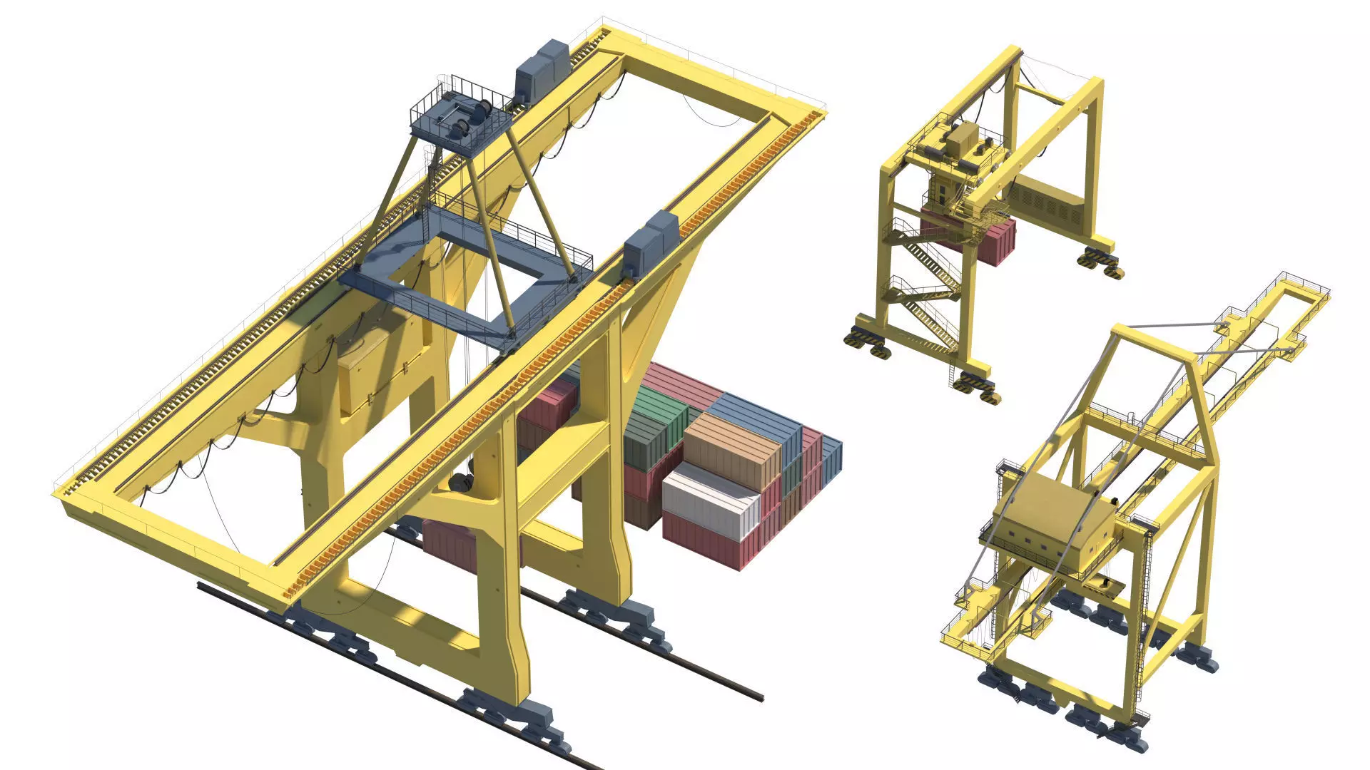 Set of 3 Container RTG Gantry seaport cranes 3D model_40