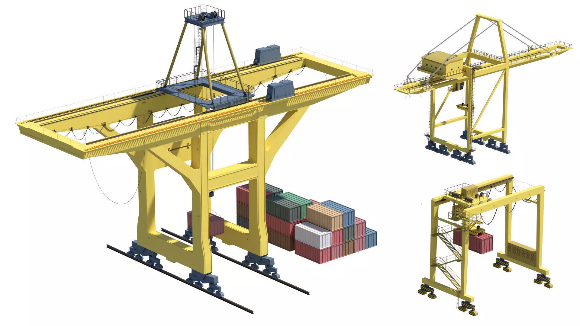 Set of 3 Container RTG Gantry seaport cranes 3D model_33