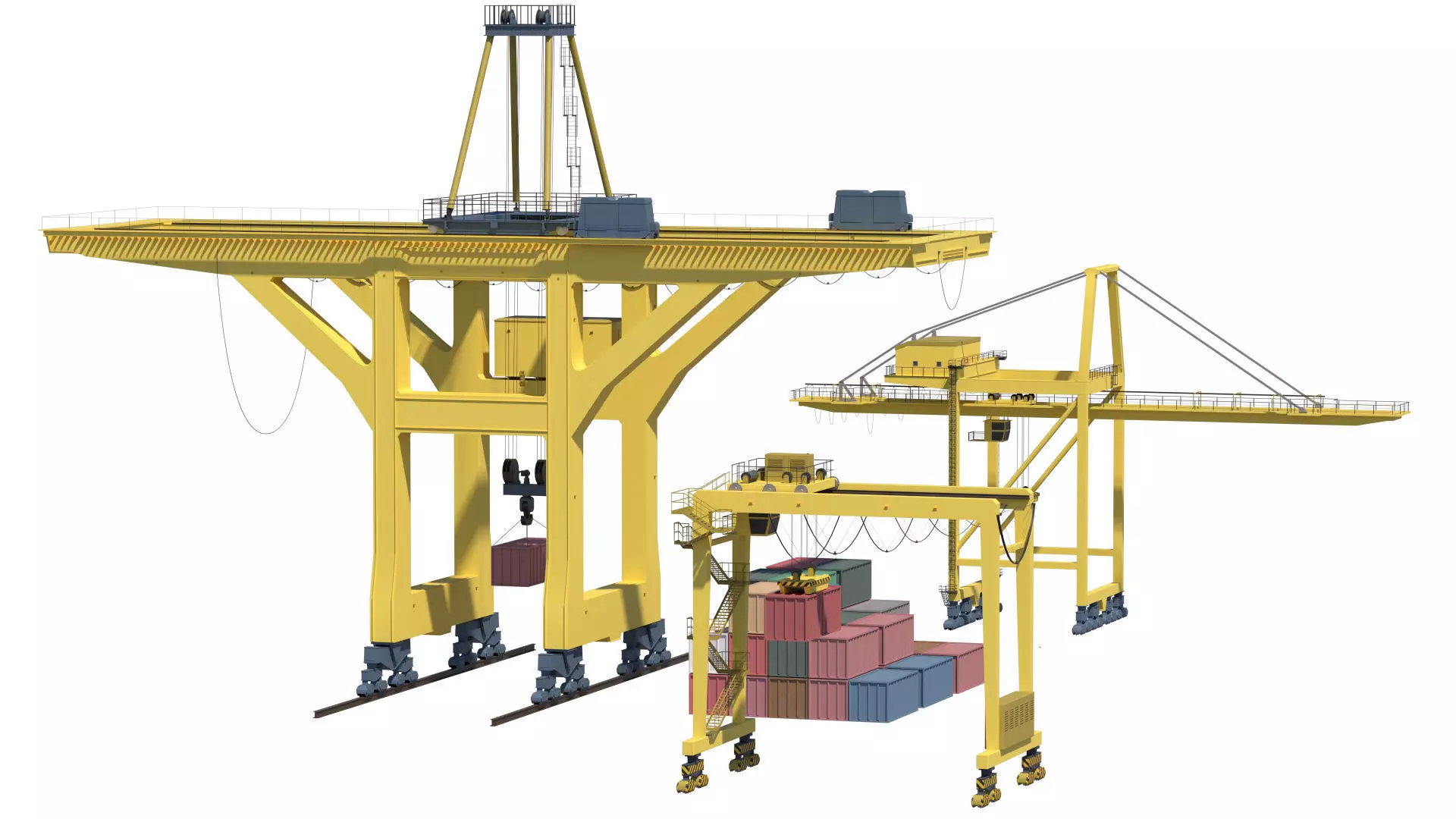 Set of 3 Container RTG Gantry seaport cranes 3D model_34