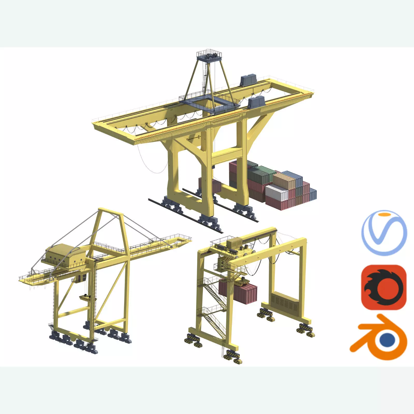 Set of 3 Container RTG Gantry seaport cranes 3D model_0