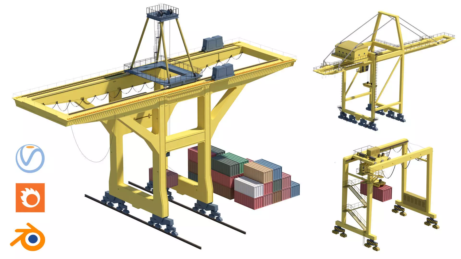 Set of 3 Container RTG Gantry seaport cranes 3D model_35