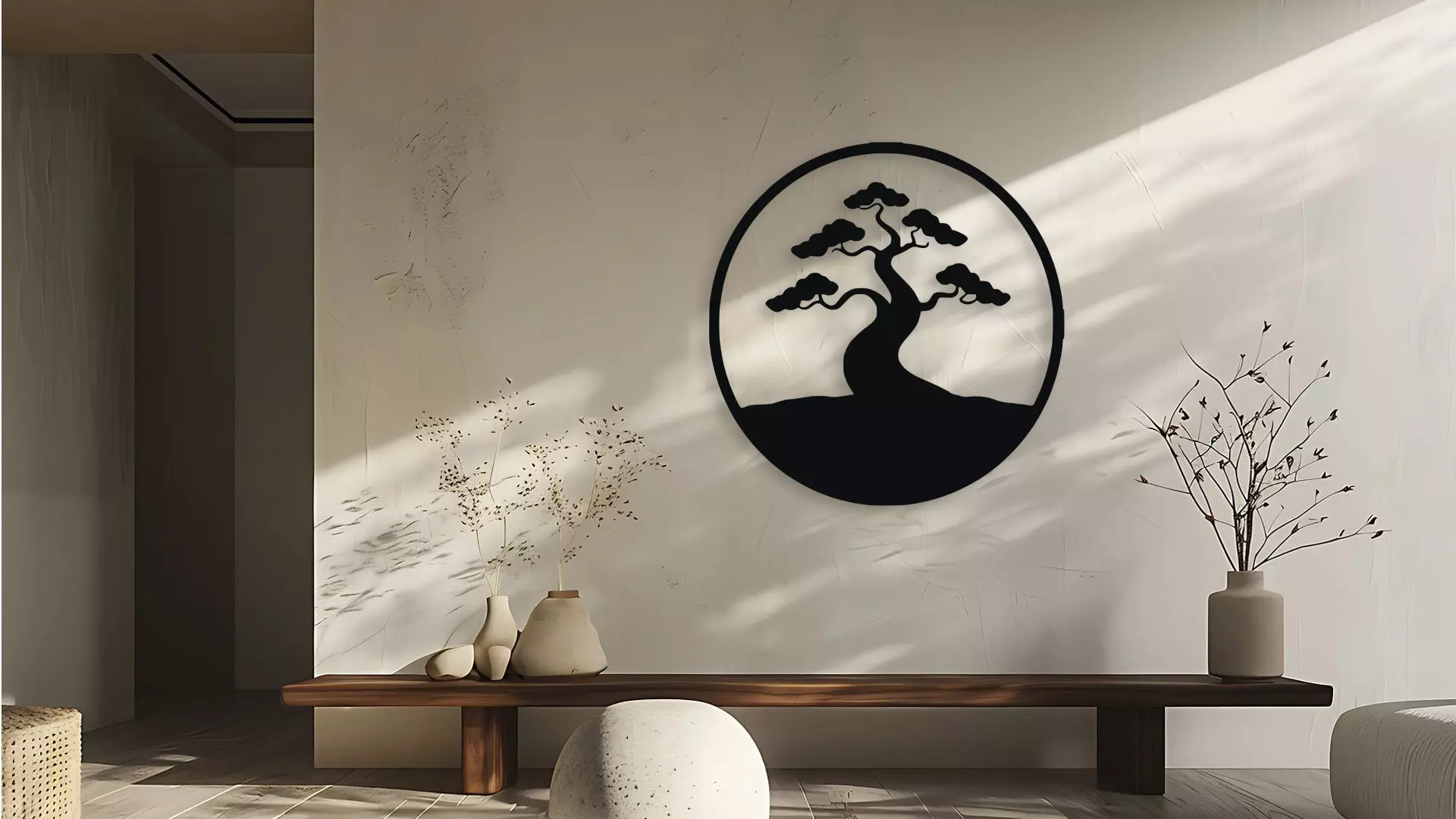 Bonsai Tree Circle Wall Art Decwallor Japanese Zen Silhouette 3D model_0