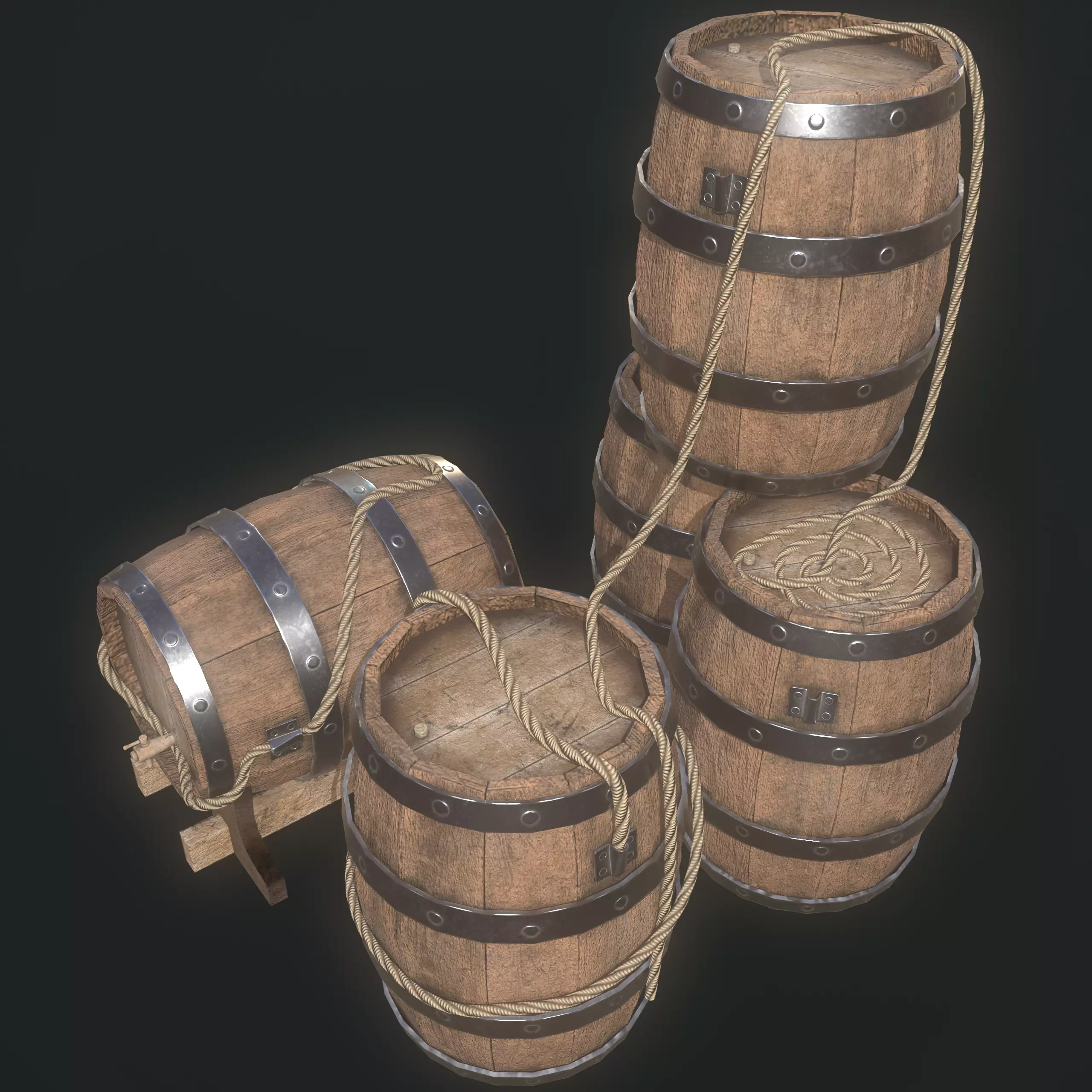 Pirate Barrel 3D Model Set Game Ready Low-poly 3D model_4
