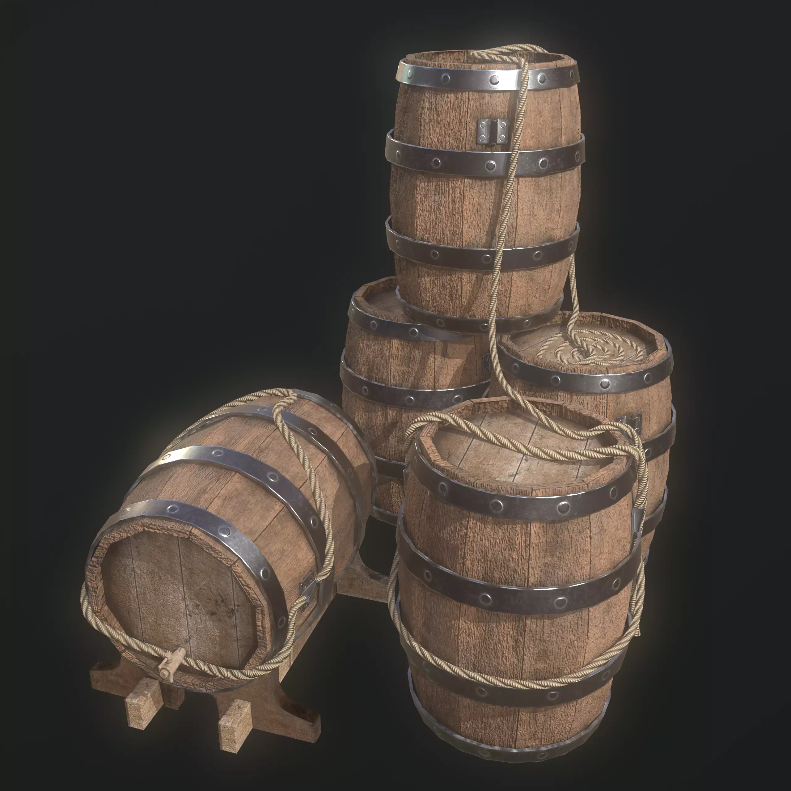 Pirate Barrel 3D Model Set Game Ready Low-poly 3D model_0