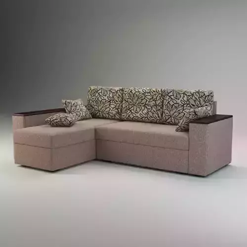 L Shape Corner Sectional Sofa Upholstered with Wooden Armrests 3D model 2