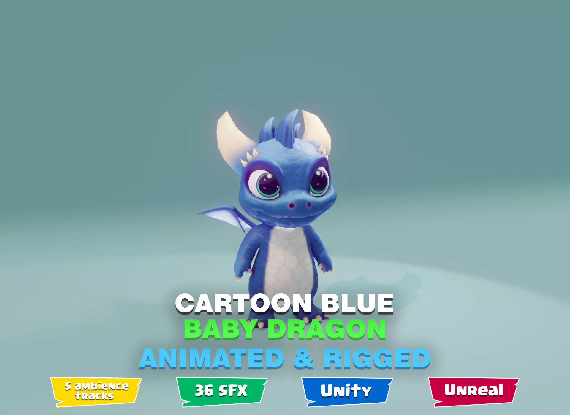 Blue Baby Dragon 3D Character with Audio Unity and Unreal Ready Low-poly 3D model