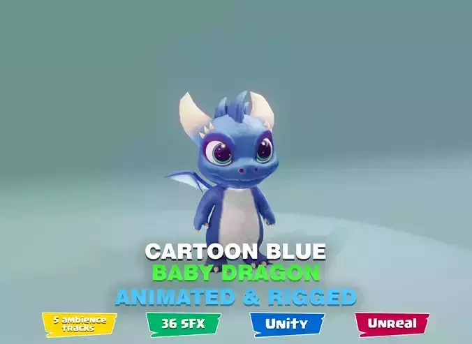 Blue Baby Dragon 3D Character with Audio Unity and Unreal Ready Low-poly 3D model