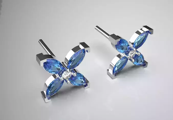 Sapphire and Diamond Flower Stud stl Earrings Model je0042 3D print model