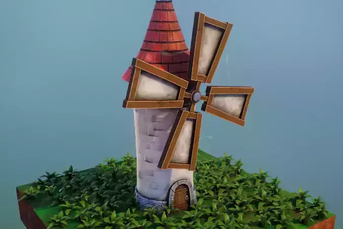 Stylized Wooden Windmill Low-poly 3D model
