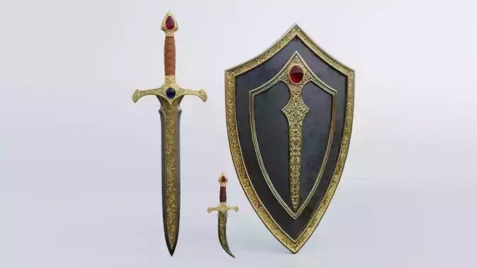 Realistic Game Ready Sword Dagger and Shield Collection