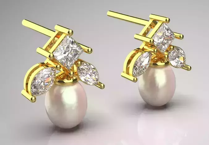 Pearl and Diamond Dangle Stud stl Earrings Model pe0051