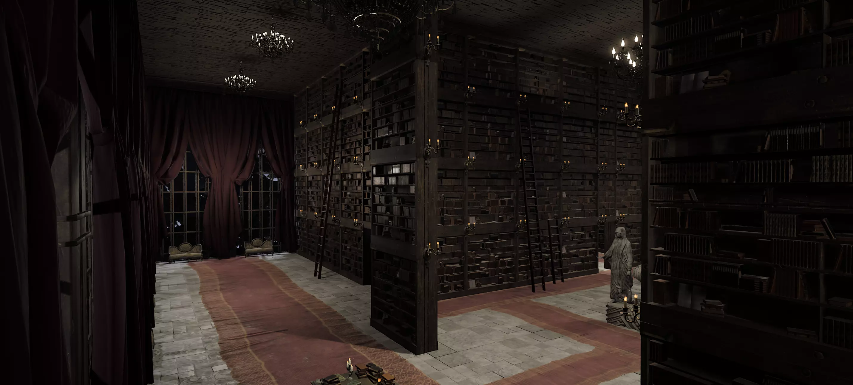 Magnificent Huge Gothic Library Cathedral Interior Environment 3D model_4