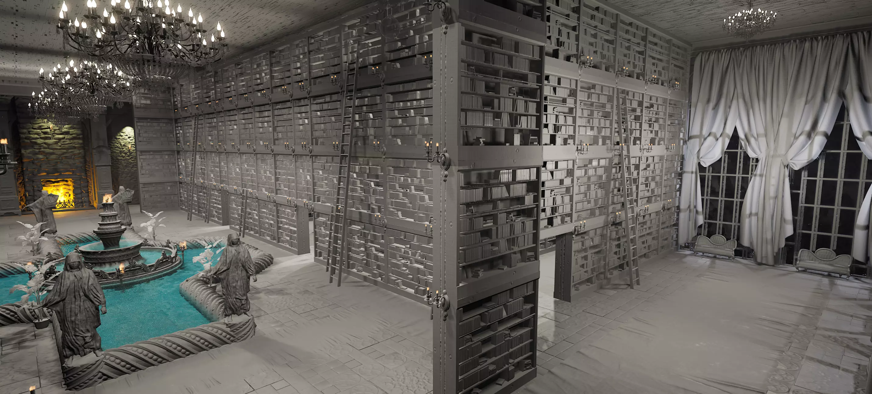 Magnificent Huge Gothic Library Cathedral Interior Environment 3D model_32