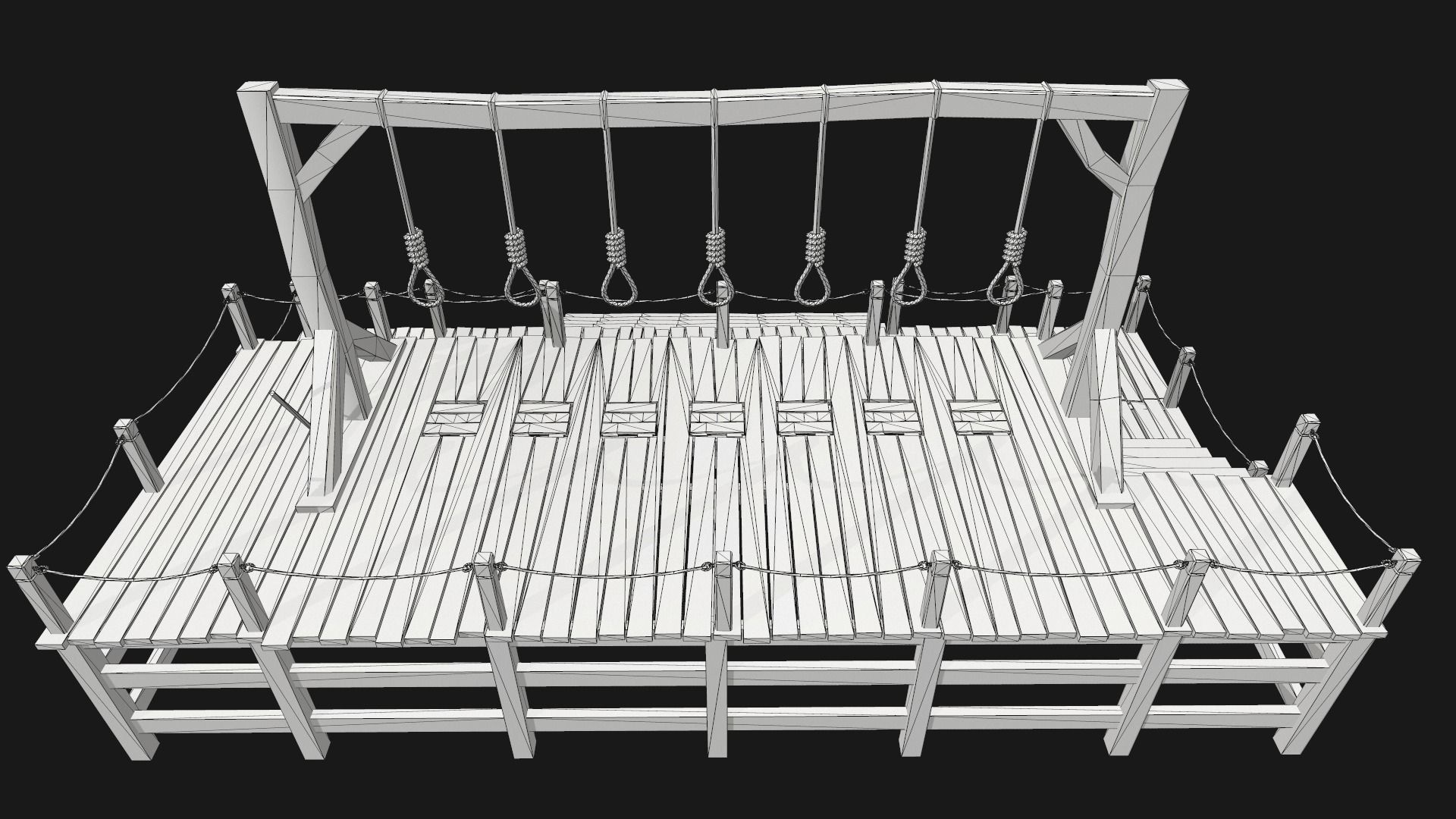 Low-poly PBR Gallows wooden swing set with ropes Low-poly 3D model_7