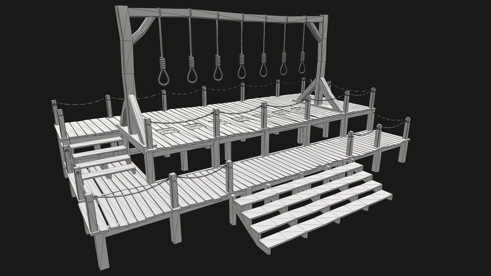 Low-poly PBR Gallows wooden swing set with ropes Low-poly 3D model_5