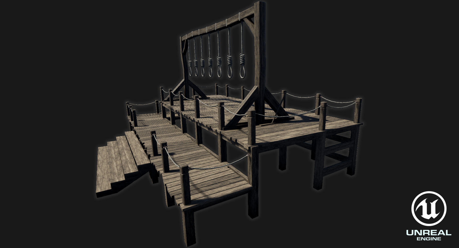 Low-poly PBR Gallows wooden swing set with ropes Low-poly 3D model_2